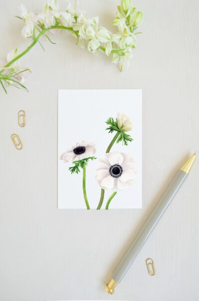 blanco ansichtkaart met drie witte anemonen geschilderd met aquarel