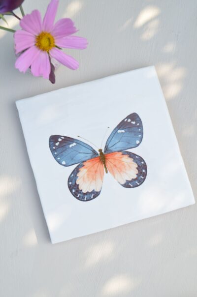wandtegeltje met aquarel vlinder in blauw-roze