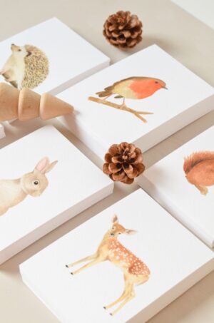 kaartenset met aquarel geschilderde bosdieren