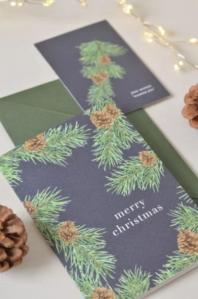 botanische kerstkaart met dennentakken illustratie