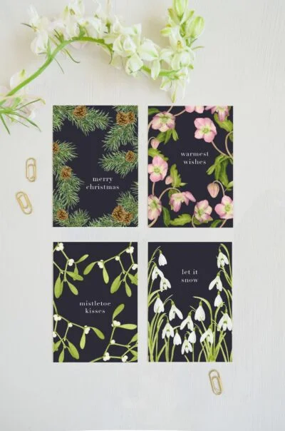 kerstkaarten set met botanische kerst illustraties
