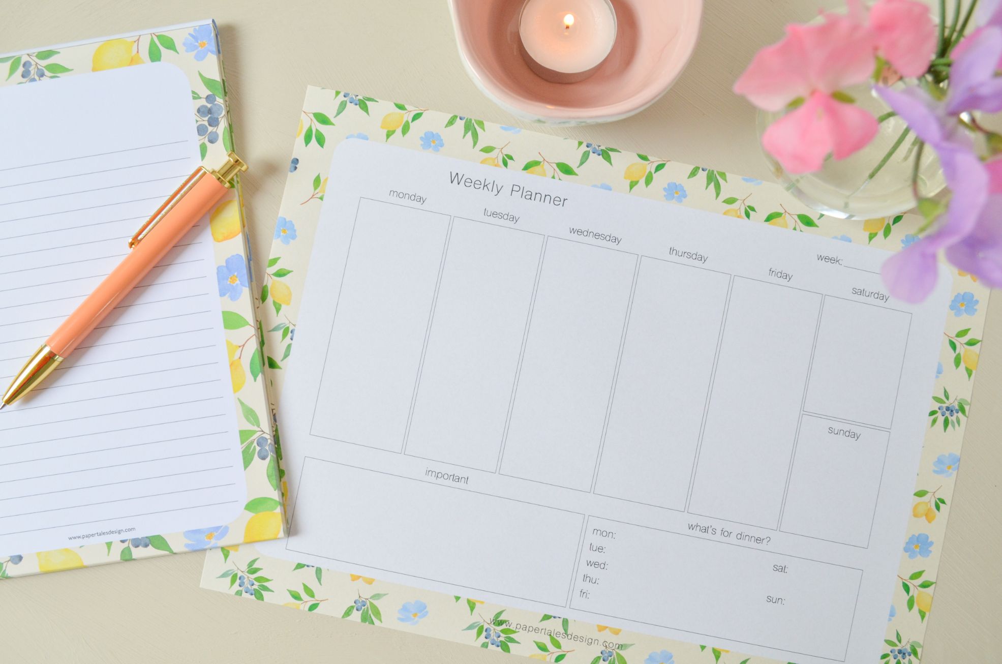 notitieblok en weekplanner met aquarel illustraties van citroenen
