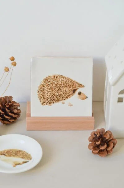 wandtegeltje met een egeltje, handgeschilderd