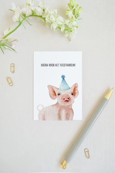 ansichtkaart met varken en feesthoedje, met de tekst 'hoera voor het feestvarken'