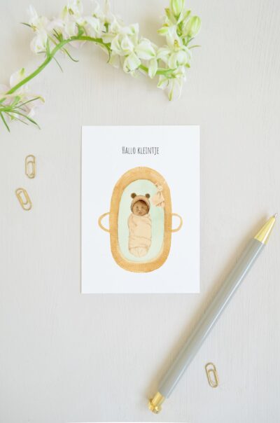 ansichtkaart met bruine baby in mozes mandje en tekst 'hallo kleintje'