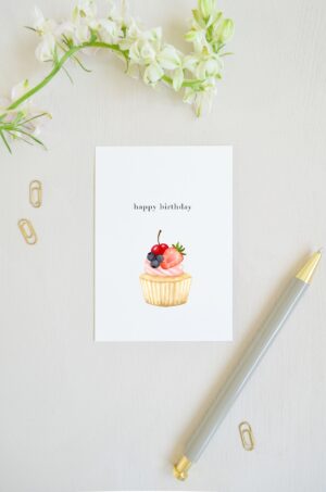 ansichtkaart met cupcake en kaarsje, met de tekst 'happy birthday' voor een verjaardag
