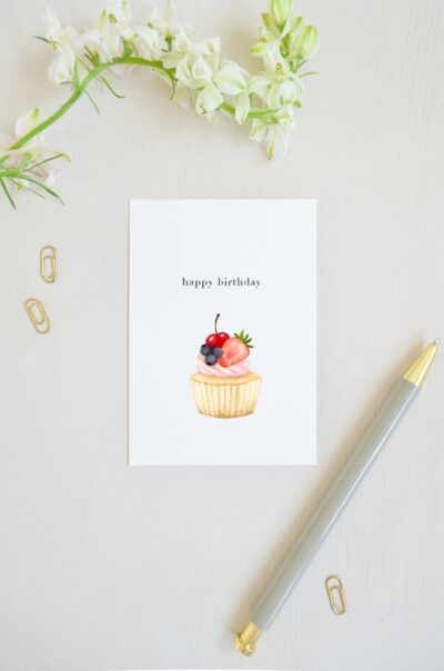 ansichtkaart met cupcake en kaarsje, met de tekst 'happy birthday' voor een verjaardag