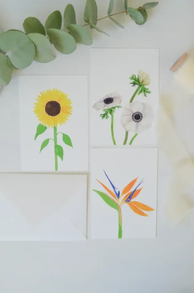 set ansichtkaarten met bloemen, anemonen, paradijsvogel bloem en zonnebloem