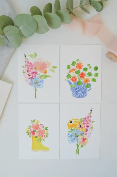 set ansichtkaarten met bloemen geschilderd met waterverf