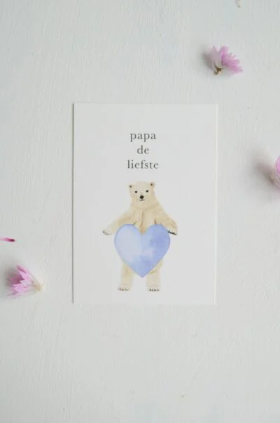 minikaartje met beer met groot blauw hart en tekst 'papa de liefste'