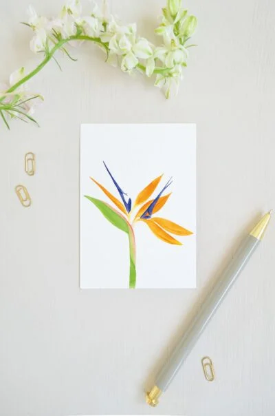 blanco ansichtkaart met prachtige paradijsvogel bloem geschilderd met aquarel