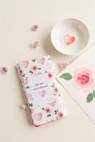 chocoladewikkel printable voor Valentijn met tekst 'for my sweetheart', roosjes en hartjes